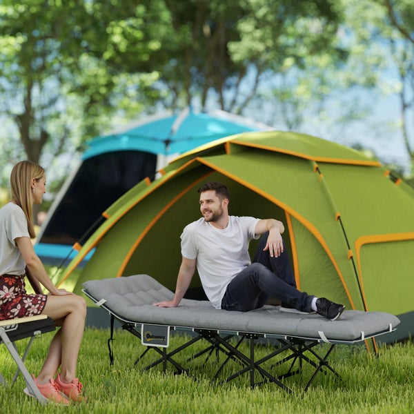 Outsunny Feldbett faltbar Campingbett mit Matratze Kopfkissen Seitentasche 190 x 65 x 37 cm Campingliege für Erwachsene Gästebett bis 150 kg Klappbett für Outdoor, Garten Camping Reisen Hellgrau