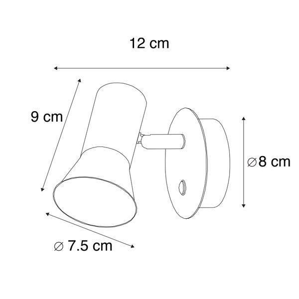 Technische Zeichnung einer Wandleuchte mit den Maßen 12 Zentimeter Breite, 9 Zentimeter Höhe und einem Durchmesser von 7,5 Zentimetern vorne und 8 Zentimetern an der Wandbefestigung