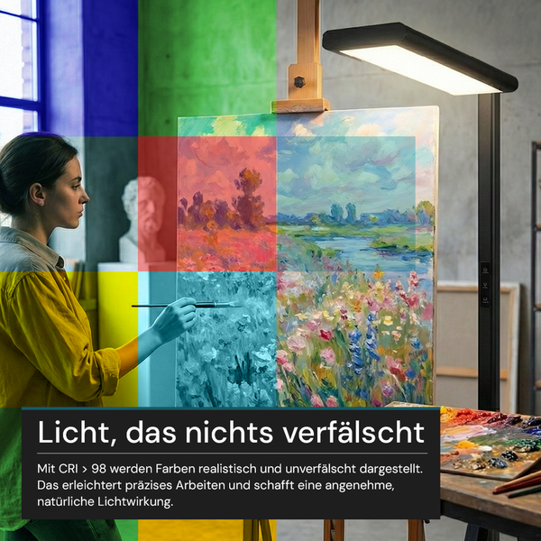 Malerin malt unter einer Stehleuchte ein Gemälde auf einer Staffelei