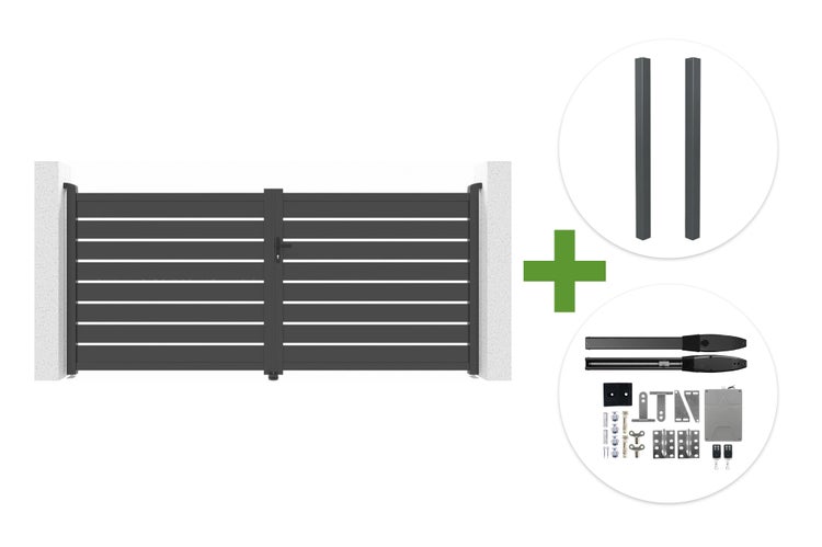 Zweiflügeliges Einfahrtstor mit horizontalen Lamellen, inklusive zwei Pfosten und elektrischem Torantrieb mit Zubehör.