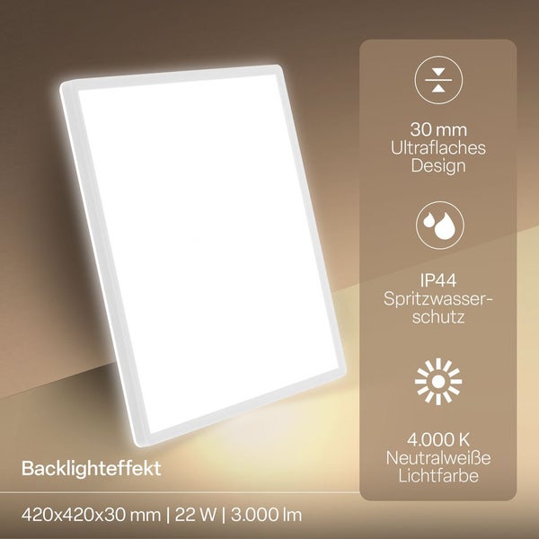 LED-Panel mit Backlighteffekt, Maße 420 mal 420 mal 30 Millimeter, 22 Watt, 3000 Lumen, neutralweißes Licht 4000 Kelvin, IP44 Spritzwasserschutz.