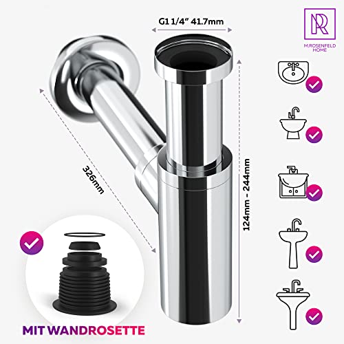 Ablaufgarnitur Waschbecken POP UP mit Überlauf + Design Siphon Waschbecken Extra Starke 304er Edelstahl Wände mit 750g - Geruchsverschluss inkl. Dichtungen
