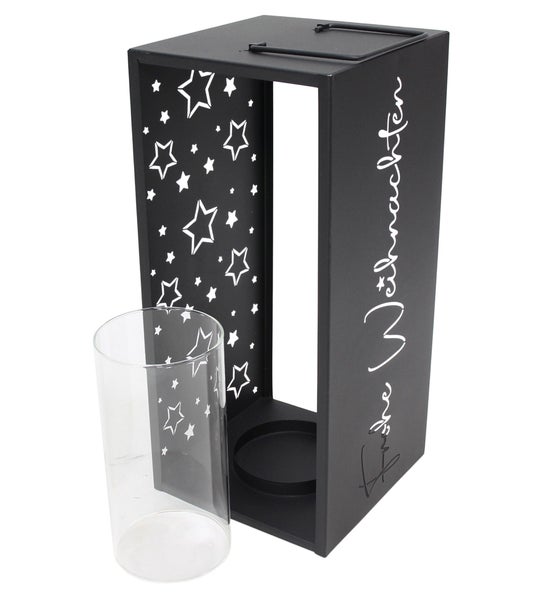 Weihnachtslaterne aus Metall mit Sternenmuster und Kerzeneinsatz aus Glas