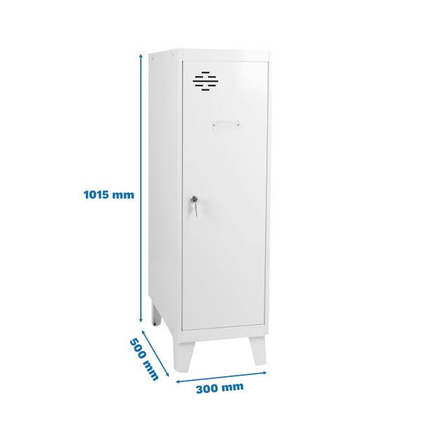 Metall Garderobenschrank mit den Maßen 1015 mm Höhe, 500 mm Breite und 300 mm Tiefe.