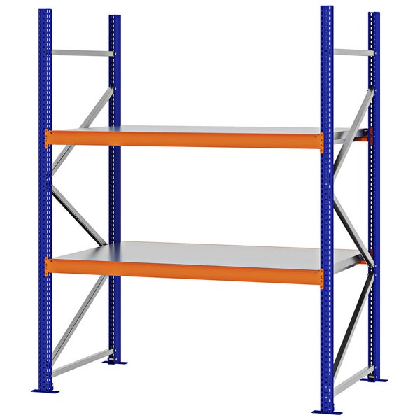 Schwerlastregal aus Metall mit zwei Fachböden, blauen Rahmen und orangefarbenen Traversen.
