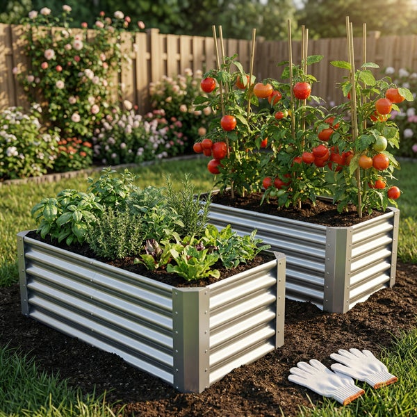 Zwei Hochbeete aus Wellblech bepflanzt mit Tomaten, Kräutern und Salat in einem hellen, organisierten Garten.