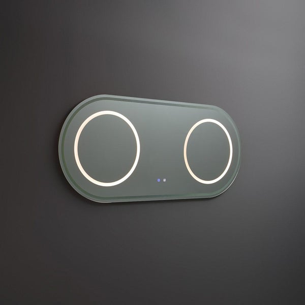 Ovaler Badezimmerspiegel mit zwei runden LED-Lichtringen und Touch-Bedienung.