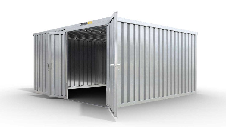Lagercontainer Gerätehaus L2  – 16 qm, H2115 x B4050 x T4340 mm, verzinkt, ohne Fußboden, 1830 mm Doppelflügeltür mittig in Modul D, zerlegt