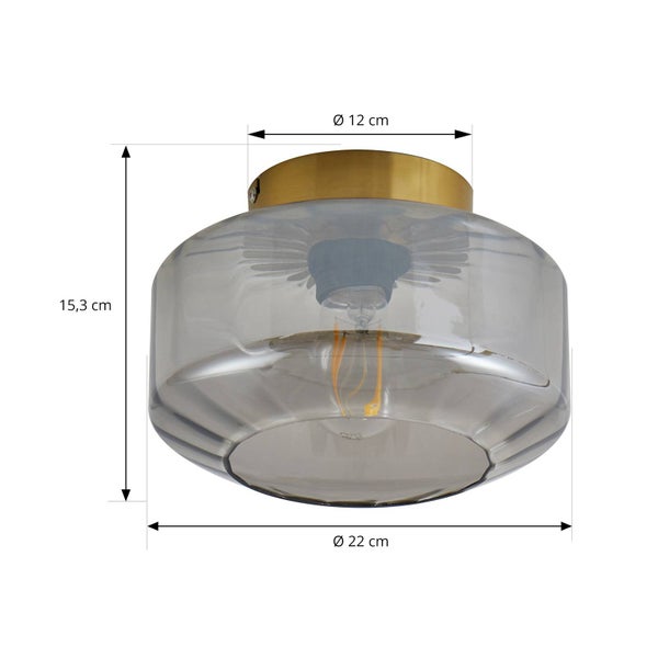 Deckenleuchte aus Glas und Metall mit Maßen: Höhe 15,3 Zentimeter, Schirmdurchmesser 22 Zentimeter und Sockeldurchmesser 12 Zentimeter.