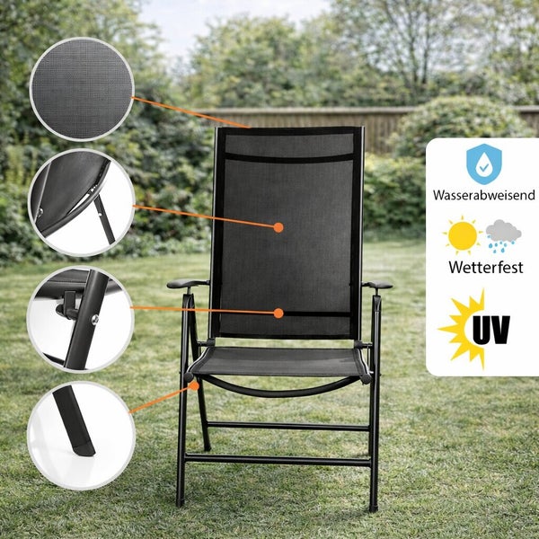 Wetterfester Klappstuhl mit Textilene Bespannung und verstellbarer Rückenlehne fuer den Garten, inklusive Details zu Material und Eigenschaften.