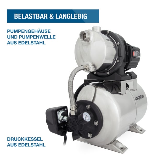 Hauswasserwerk mit Pumpengehäuse und Pumpenwelle aus Edelstahl sowie Druckkessel aus Edelstahl
