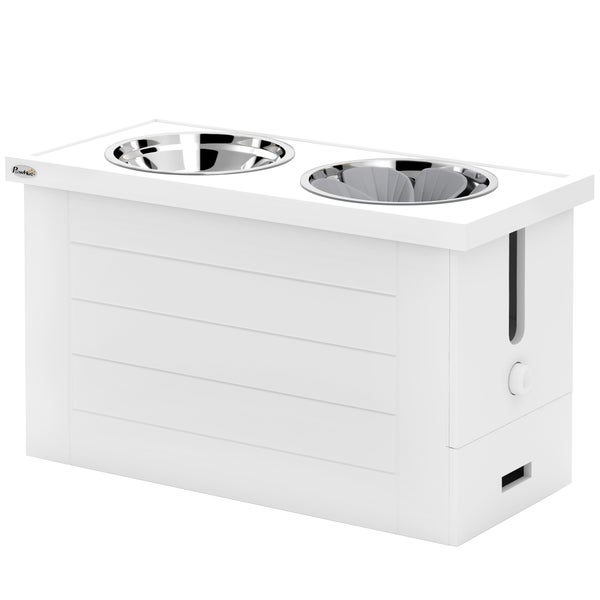 PawHut 2-in-1 Erhöhter Hundenapf Höhenverstellbar Futternapf mit Ständer Stauraum 2 x 2L Edelstahlnäpfen Langsamfuttermatte Fressnapf Futterstation Hundenäpfe für Große Hunde Katzen Weiß