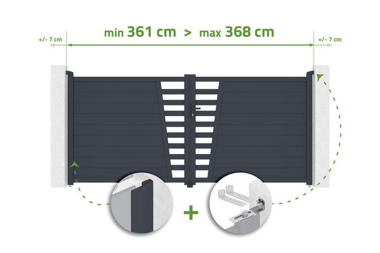Zweiflügeliges Einfahrtstor in Anthrazit, verstellbare Breite von minimum 361 Zentimeter bis maximum 368 Zentimeter, inklusive Montagedetails.