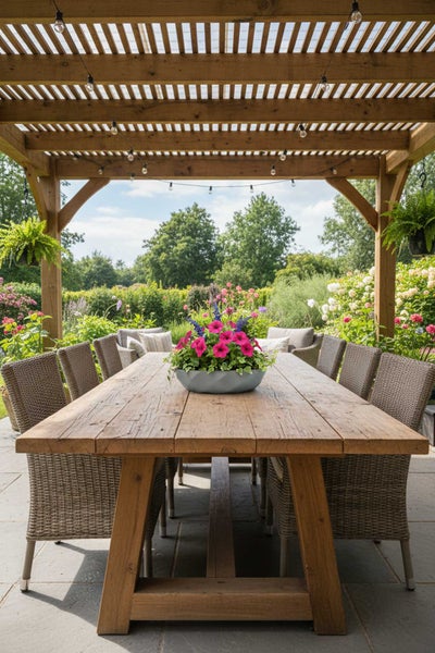 Massiver Holztisch mit Rattanstühlen unter einer Holzpergola auf einer gepflasterten Terrasse im Garten.