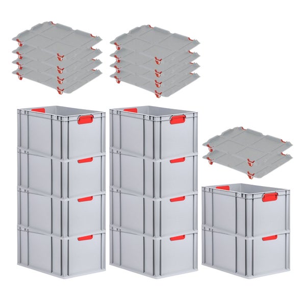 PROREGAL Spar Set 10x Eurobox Nextgen Color Mit Auflagedeckel & Schiebeschnappverschlüsse HxBxT 32 x 40 x 60 cm Griffe Rot Verstärkter Boden