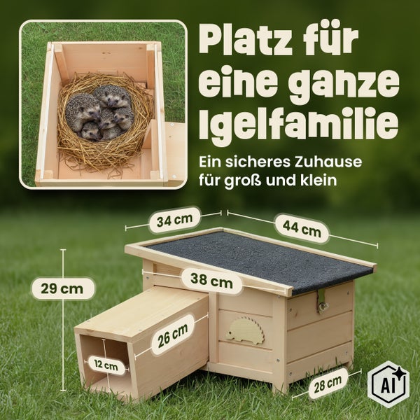 Igelhaus aus Holz mit Eingangstunnel und Maßen in Zentimeter auf einer Wiese, inklusive Darstellung einer Igelmutter mit Jungtieren im Inneren.