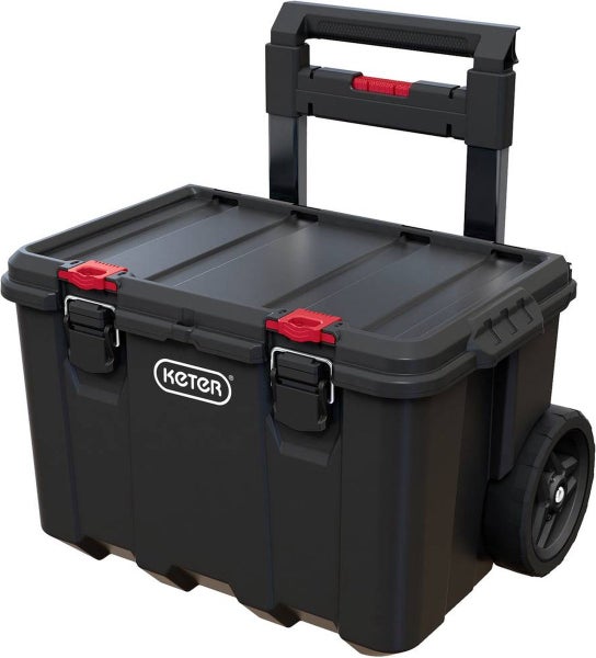 Schwarzer mobiler Werkzeugkoffer Keter mit Rollen, Teleskopgriff aus Kunststoff und Keter Logo.