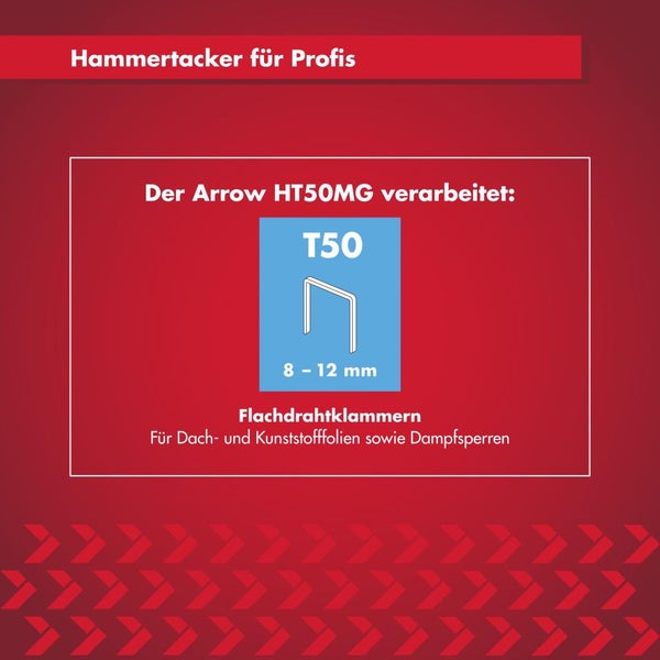 Infografik zum Hammertacker Arrow HT50MG für T50 Flachdrahtklammern von 8 bis 12 Millimeter Länge für Dachfolien und Dampfsperren.