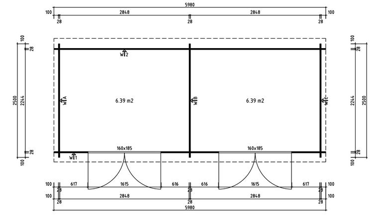 Technische Grundrisszeichnung eines Gartenhauses mit zwei gleich großen Räumen von je 6,39 Quadratmetern und zwei Doppeltüren.