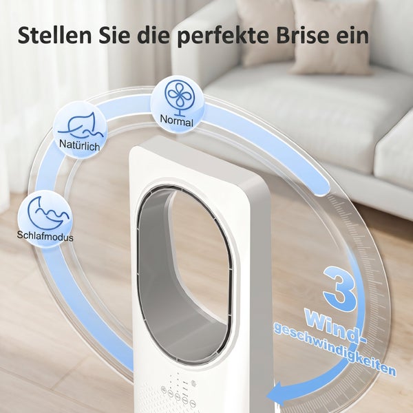 Blattloser Turmventilator in einem Wohnzimmer mit drei Windgeschwindigkeiten sowie Modi für Normal, Natürlich und Schlafmodus.