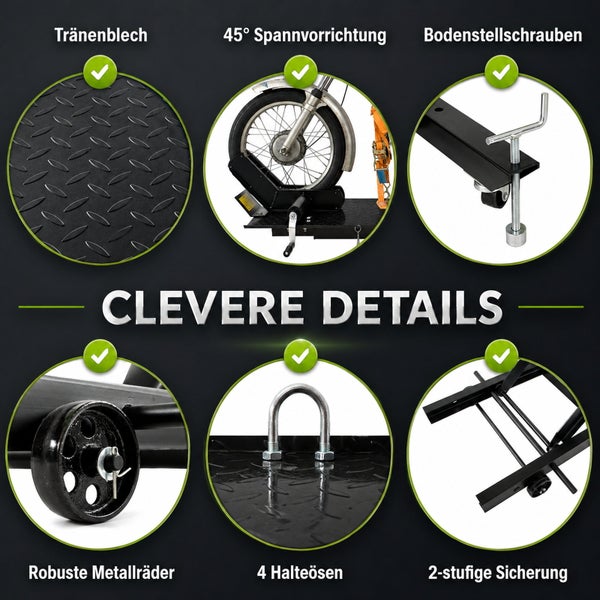 Details der Motorradhebebühne: Tränenblech, 45 Grad Spannvorrichtung, Bodenstellschrauben, robuste Metallräder, 4 Halteösen und 2-stufige Sicherung.