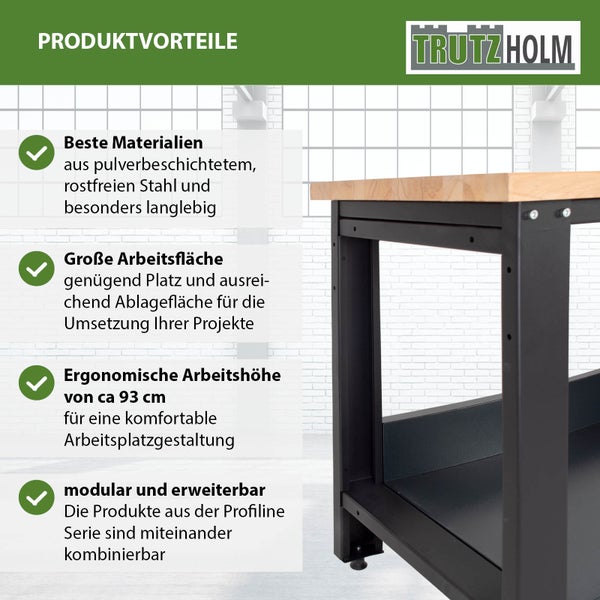 Infografik mit Produktvorteilen einer Trutzholm Werkbank mit Holzarbeitsplatte und pulverbeschichtetem Stahlgestell.
