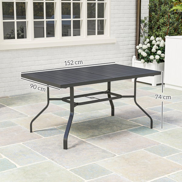 Outsunny Gartentisch 152x90 cm, Wetterfest Balkontisch aus Stahl, Beistelltisch mit Schirmloch, Latten-Design Esstisch Outdoor, Campingtisch, rechteckig Terrassentisch für Garten Balkon Schwarz
