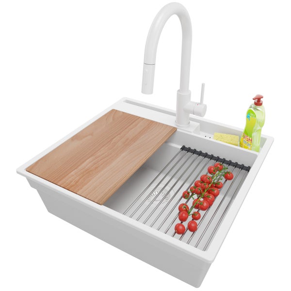 PRIMAGRAN Granitspüle Alles Weiß 58x53cm, Spülbecken 1 Becken + Küchenarmatur 40x20cm + Ablauf-Set + Küchenzubehörset, Küchenspüle ab 60er Unterschrank - Oslo Pocket