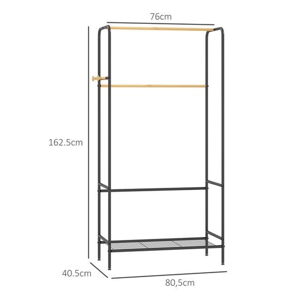 HOMCOM Kleiderständer Garderobenständer mit 2 Kleiderstangen und Ablage, Haken, Garderobe aus Stahl und Bambus für Schlafzimmer, Ausstellungen, Waschküche, Waschküche, Schwarz