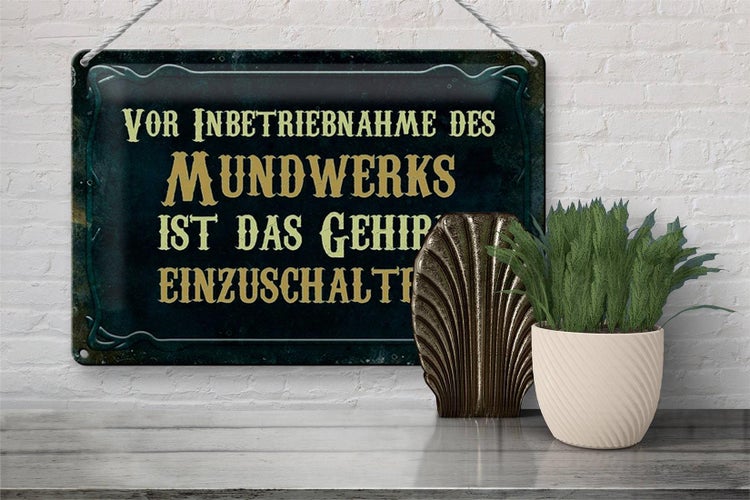Blechschild Spruch 30x20cm vor Inbetriebnahme des Mundwerks