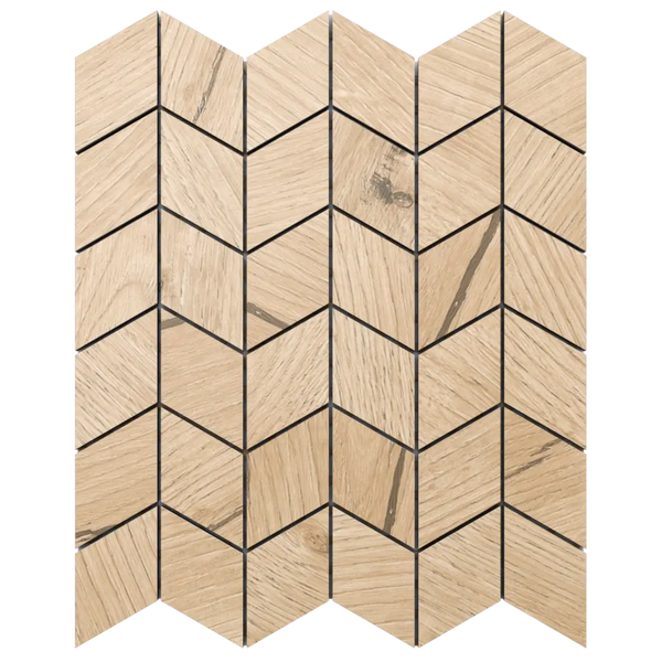 Mosaikfliese in Holzoptik mit Chevron-Muster.