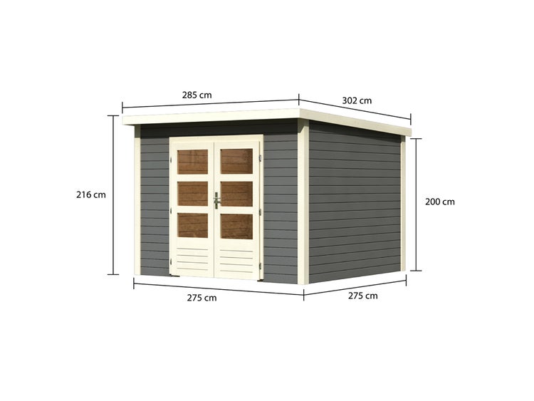 Gartenhaus aus Holz mit Pultdach, Doppeltür mit Glaseinsätzen und Maßangaben: Breite 285 Zentimeter, Tiefe 302 Zentimeter.