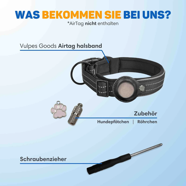 Vulpes Goods Hundehalsband für AirTag mit Anhänger, Röhrchen und Schraubendreher. Der AirTag ist nicht im Lieferumfang enthalten.