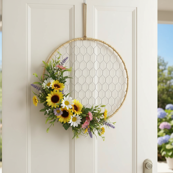 Dekorativer Türkranz aus einem mit Jute umwickelten Ring und Maschendraht, verziert mit künstlichen Sonnenblumen, Gänseblümchen und Lavendel.