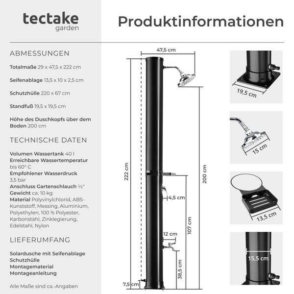 Infografik der tectake garden Solardusche mit Abmessungen, 40 Liter Wassertank, Materialangaben und Detailansichten von Duschkopf und Standfuß.