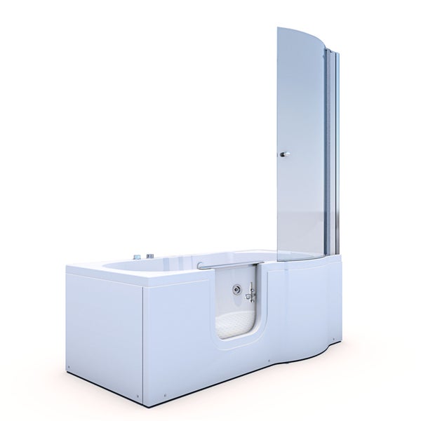 Barrierefreie Badewanne mit integrierter Glastür und Duschabtrennung aus Glas.