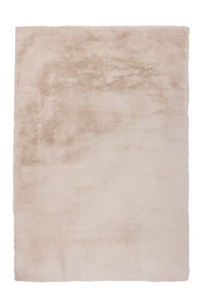 Rechteckiger Hochflor-Teppich in Beige mit weicher Textur.