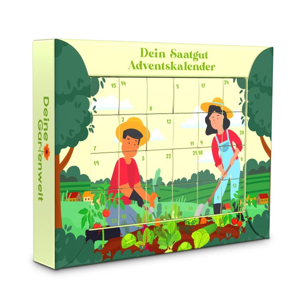 Saatgut-Adventskalender mit 24 Türchen, illustriert mit zwei Personen bei der Gartenarbeit in einer ländlichen Umgebung.
