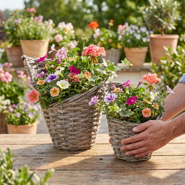 Zwei geflochtene Weidenkörbe mit bunt bepflanzten Blumen auf einem Holztisch, im Hintergrund weitere Pflanzgefäße im Garten.