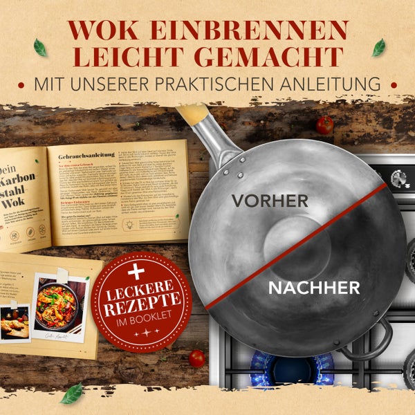KRUSTENZAUBER 36cm Wokpfanne Induktion flacher Boden - Traditionelle Stahlwokpfanne mit Wokwender u. Wokring - Wok Pfanne, Wok Induktion, Woklette, Wok Zubehör, Carbon Steel Wok Karbonstahl