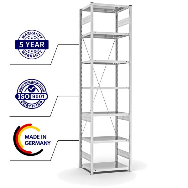 PROREGAL Fachbodenregal Stecksystem T-Profil Medium-Duty Grundregal HxBxT 300 x 75 x 50 cm 7 Ebenen Fachlast 230 kg Einseitig Nutzbar Lichtgrau