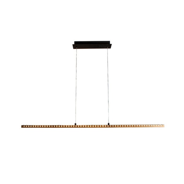 Moderne lineare Pendelleuchte mit langem Balken in Holzoptik und schwarzem Deckenbaldachin.