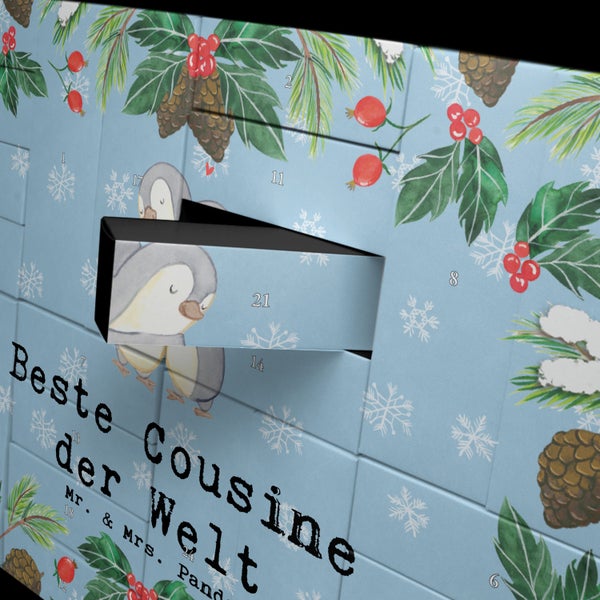 Mr. & Mrs. Panda Befüllbarer Adventskalender Pinguin Beste Cousine der Welt - Blau Pastell