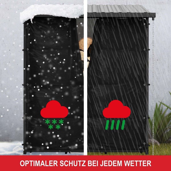 Kaminholzregal mit schwarzer Schutzhülle bietet optimalen Schutz vor Regen und Schnee bei jedem Wetter.
