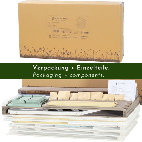 Wondermake Kinderspielhaus aus Holz in der Verpackung mit allen Einzelteilen und Aufbauanleitung.