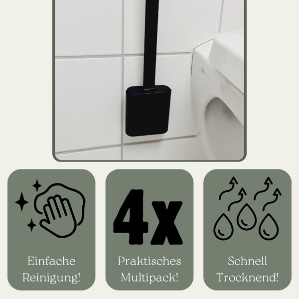 Toilettenbürste mit den Symbolen einfache Reinigung, Viererpack und schnelles Trocknen