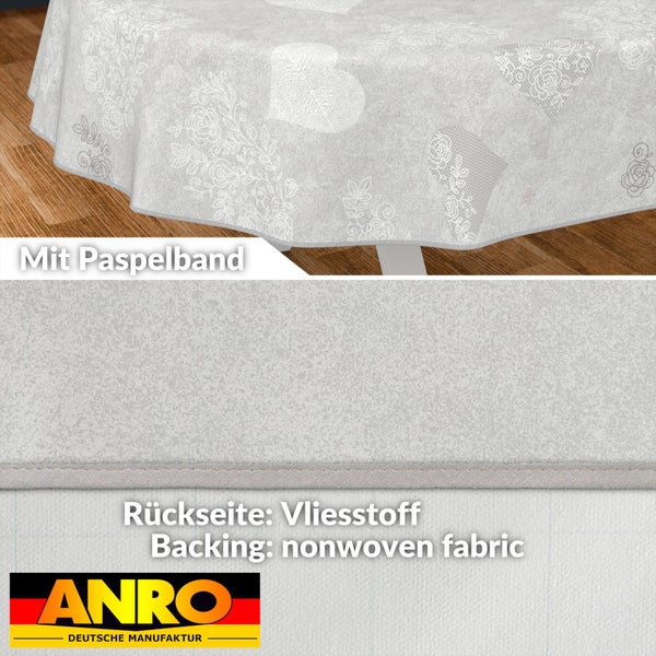 Tischdecke mit Herzmuster und Paspelband sowie Rückseite aus Vliesstoff