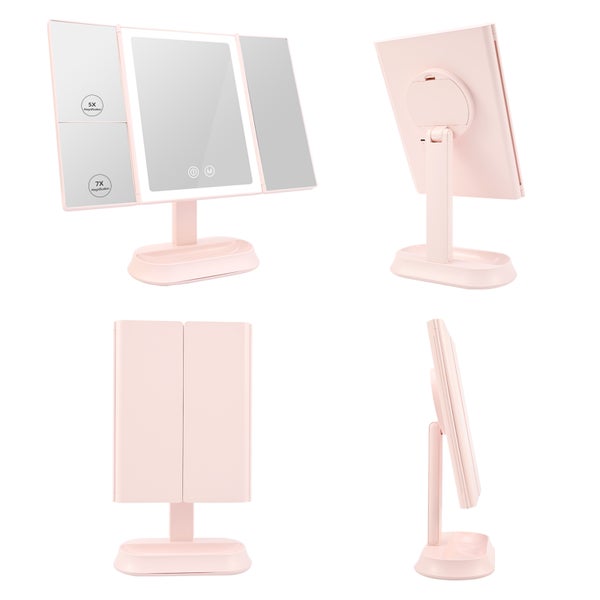 EMKE Kosmetikspiegel mit LED Beleuchtung 315 x 180 x 233 mm, Dimmbar, Touch-Schalter, 5x/7x Vergrößerung, Dreifach Faltbar & Drehbar, Tragbarer, USB/Batterie, Rosa