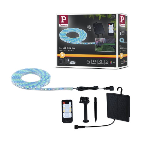 Paulmann Solar LED Strip fuenf Meter mit Solarpanel, Fernbedienung und Verpackung