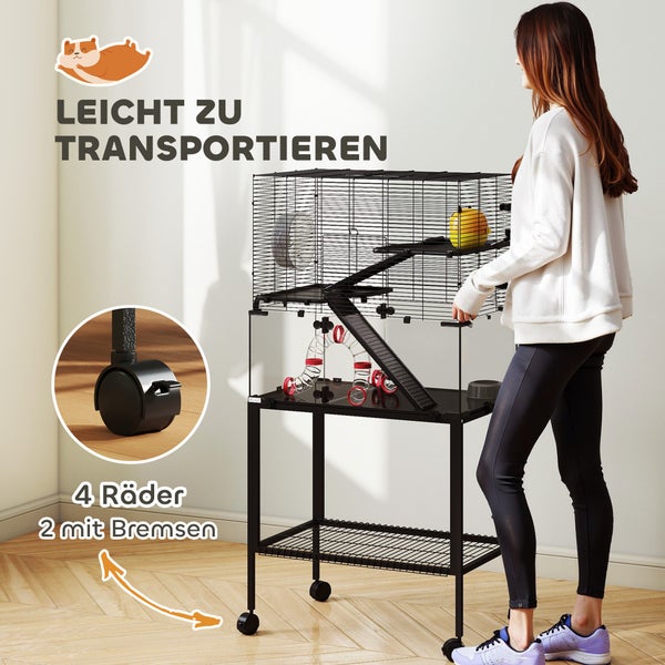 Kleintierkäfig auf Rollen mit mehreren Ebenen und Zubehör, inklusive vier Rädern, davon zwei mit Bremsen.